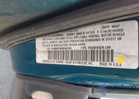 1998 Subaru Legacy 2.5Gt из США, поврежденный, VIN 4S3BK6756W6303104